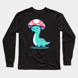 Kawaii simple Mushroom Hat Blue Dinosaur Brontosaurus Long Sleeve T-Shirt